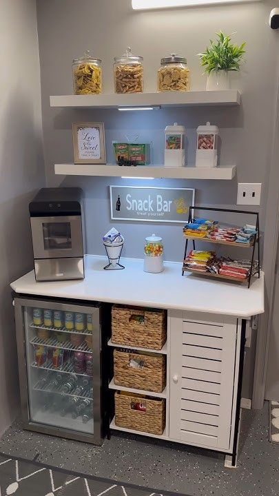 Open Bar Ideas For Home, Snack Bar Living Room, Family Room Snack Station, Coffee Bar In Salon Ideas, Snack Bar Room Ideas, Diy Bar In House, Snack Bar Basement Ideas, Man Cave Snack Bar Ideas, Guest Room Coffee Station Mini Fridge