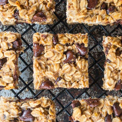 Chocolate Chip Peanut Butter Banana Oat Bars (4-ing, V) | power hungry Oat Bars Vegan, Banana Squares, Banana Oat Bars, Banana Oatmeal Bars, Peanut Butter Banana Oats, Peanut Butter Oat Bars, Vegan Bars, Oatmeal Banana, Banana Bars