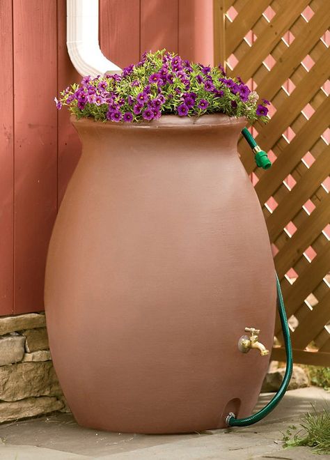 50 Gallon Rain Barrel Downspout Ideas, Porch Appeal, Rain Water Collection Diy, Garden Getaway, Water Butts, Garden Hack, Rain Catcher, Water Catchment, Barrel Ideas