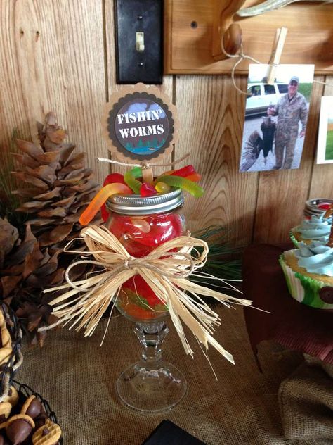 Gone Huntin', Gone Fishin', Gone Farmin' Farewell / retirement Party Party Ideas | Photo 7 of 34 | Catch My Party Retirement Party Ideas For Men, Hunting Birthday Party Decorations, Fish Centerpiece, Farewell Ideas, Retirement Party Ideas, Hunting Birthday Party, Fishing Worms, Hunting Birthday, Men Fishing