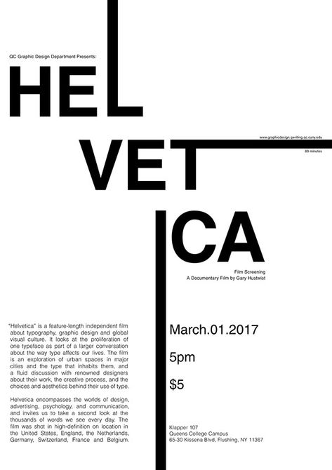 Poster Design: Helvetica Documentary Screening on Behance Text Posters Design, White Space Design Graphic, Typographic Poster Design Minimal, Helvetica Typography Poster, Helvetica Poster Design, Simple Poster Design Minimalism, Poster Hierarchy, Fall Poster Design, Editorial Poster Design