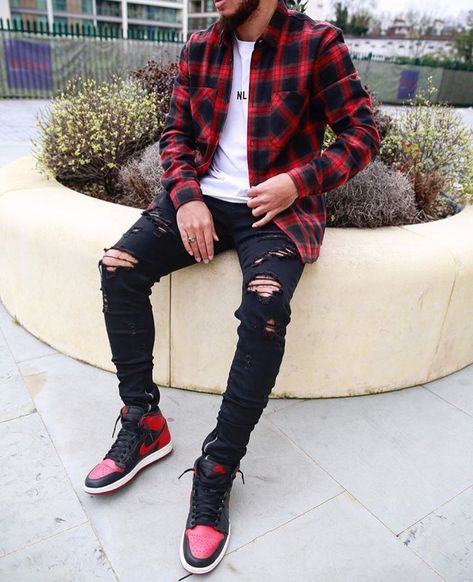 Black And Red Shoes Outfit Men, Air Jordan 1 Red And Black Outfit, Jordan 1 Flannel Outfit, Jordan 1 Black And Red Outfit, Red And Black Flannel Outfit Men, Flannel And Jordans Outfit, Jordan 1 Red Outfit Men Style, Red Jordans Outfit Men, Red Jordan 1 Outfit Men