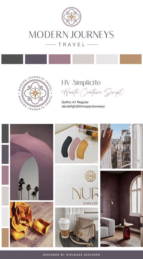 Elaine, the founder of Modern Journeys Travel, envisioned a brand that would feel modern, elegant, luxurious, and confident. She drew inspiration from Moroccan design aesthetics.To bring this vision to life, we developed a color scheme that incorporates purple, mauve, gold, and neutrals. The logo has a sleek, modern, and luxurious appearance. Check out this gorgeous color palette and branding here! Luxury Brand Palette, Mauve Color Aesthetic, Neutral Branding Color Palette, Luxury Color Palette Branding, Violet Color Palette, Neutral Branding, Moroccan Aesthetic, Brand Palette, Purple Palette