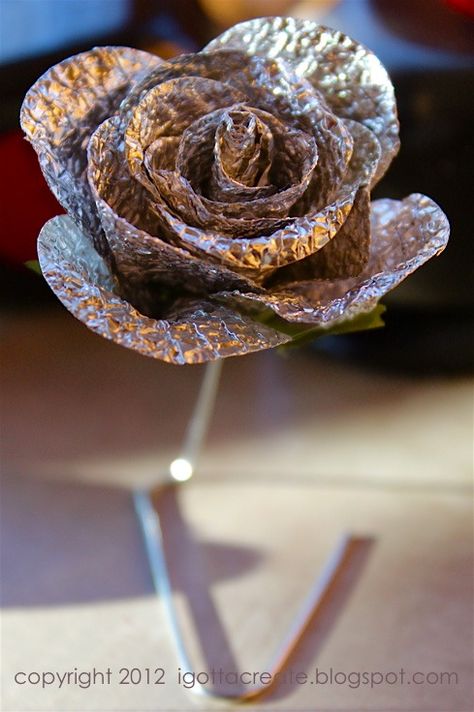 Thoughtful DIY Gift Ideas for Your Tin Anniversary Tin Foil Crafts, Foil Crafts, Aluminum Foil Crafts, Tin Foil Art, Tin Anniversary, Aluminum Foil Art, Rose Tutorial, Soda Bottle, Tin Foil