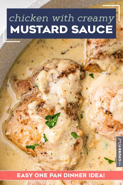 Simple and easy, these Chicken Thighs with Creamy Mustard Sauce are made in one pan, and ready in about 30-40 minutes! Packed with bold and rich flavors, this is a great weeknight dinner idea. The mustard sauce is perfect over veggies, potatoes and more! #chicken #thighs #mustard #onepan #onepot #dijonmustard #mustardsauce Mustard Sauce For Chicken, Dutch Oven Roast Chicken, Chicken Thighs In Oven, Mustard Chicken Thighs, Cream Sauce For Chicken, Mustard Cream Sauce, Crockpot Chicken Thighs, Creamy Mustard Sauce, Cooked Chicken Recipes