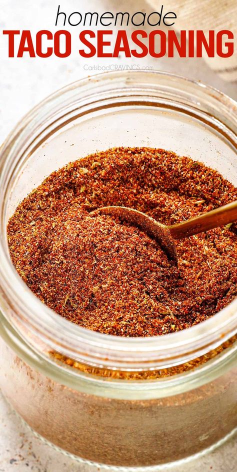 This homemade taco seasoning recipe is quick, easy, pantry friendly, versatile, inexpensive and lasts for months! #tacoseasoning #tacomeat #tacos #spices #homemadetacoseasoning #chilipowder #cooking #recipe #familydinner Taco Mix Recipe, Taco Seasoning Mix Recipe, Diy Taco Seasoning, Make Taco Seasoning, Homemade Taco Seasoning Recipe, Taco Seasoning Recipe, Carlsbad Cravings, Homemade Spice Blends, Seasoning Recipe