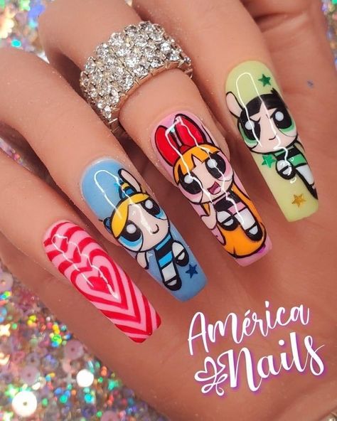 Cartoon Nails Disney, Cartoon Nail Art Designs, Cartoon Character Nails, Cartoon Nails Acrylic, Nail Art Cartoon, Character Nail Art, Nails Cartoon, Cartoon Nail Designs, Cartoon Nail Art