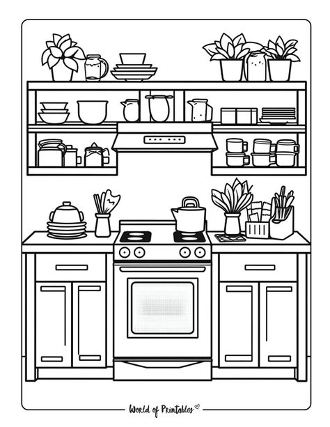 Room Coloring Pages, World Of Printables, Cozy Bedrooms, Kitchen Drawing, Coloring Pages Inspirational, Color Drawing Art, Adult Colouring Pages, Paper Craft Diy Projects, Paper Dolls Printable