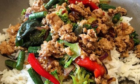 Thai Basil Chicken Bowls | Wisconsin Public Radio Pad Kra Pow Recipe, Thai Basil Pork, Basil Pork, Cambodia Food, Pao Recipe, Pad Kra Pao, Thai Basil Chicken, Ground Pork Recipes, Chicken Bowls