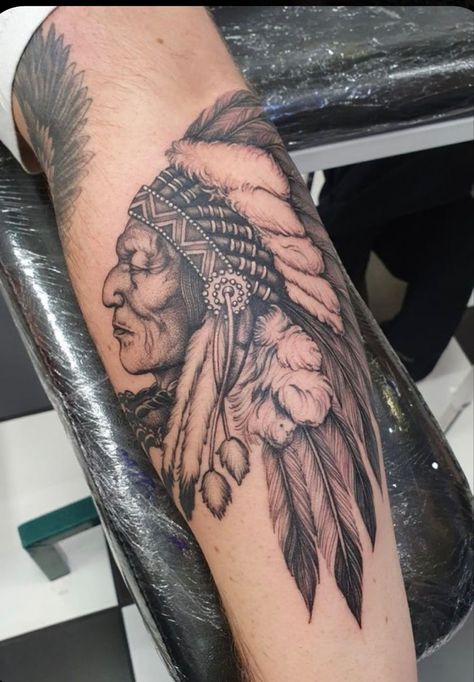 American Indian Tattoos For Men, Indian Tattoos For Men, Native American Chief Tattoo, Native American Warrior Tattoos, Tattoo Native American, Thigh Sleeve Tattoo, Indian Chief Tattoo, Deer Tattoos, Back Of Thigh Tattoo