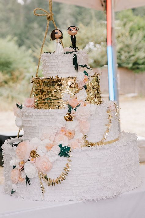 wedding piñata which the couple tried to "cut" Wedding Dresses Bling, Gown Ruffles, Wedding Pinata, Heart Wedding Cake, Redwoods Wedding, Heart Wedding Cake Topper, Beach Wedding Planning, Wedding Reception Entertainment, Heart Wedding Cakes