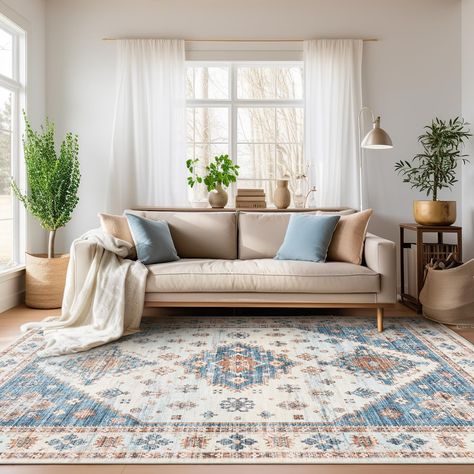 Blue Rug Living Room, Cozy Coastal Living Room, Blue Rugs Living Room, Tan Couch, Cream Couch, Living Room Blue, Table Foldable, Blue Couches, Room Blue