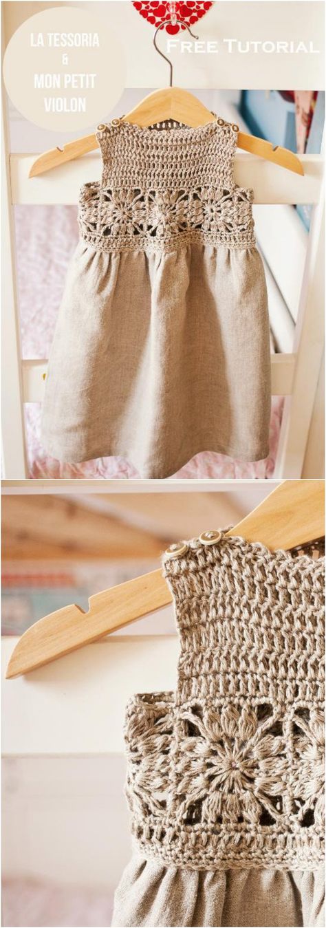 Lindo vestido con técnica mixta canesu tejido a crochet y el faldón con tela. Crochet Yoke, Crocheted Dress, Confection Au Crochet, Dress Patterns Free, Crochet Fabric, Crochet Girls, Haken Baby, Crochet Baby Clothes, Crochet Baby Dress