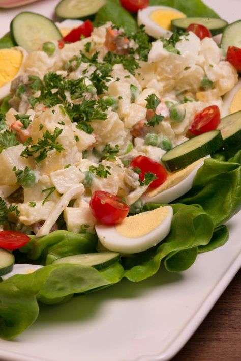 This Dutch Hussars salad called Hauzarensalade is sort of a potato salad but so much more. The name stems from a Calvary called the Hussars who could not make a fire in fear of being detected.  They would simply mix things together to make a cold salad.   I love these recipes where you can ... Netherlands Recipes, Netherlands Food, Dutch Cuisine, Dutch Food, Dutch Language, Cold Salad, Holland Netherlands, Dutch Recipes, Christmas Food Dinner