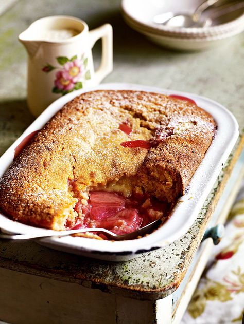 Debbie Major's simple, fruity sponge pudding recipe is ideal for serving after a Sunday roast – with cream, of course. Rhubarb Sponge Cake, Sponge Pudding Recipe, Rhubarb Dessert, Rhubarb Pudding, Sponge Pudding, British Pudding, Rhubarb Cake, Fruit Cobbler, Slow Cooker Desserts