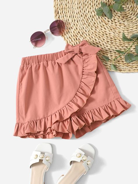 Coral Pink Cute   Polyester Plain Culottes Embellished Non-Stretch Summer Toddler Girls Clothing Toddler Summer Outfits, Kids Dress Collection, Girls Dresses Diy, Toddler Girl Shorts, Girl Shorts