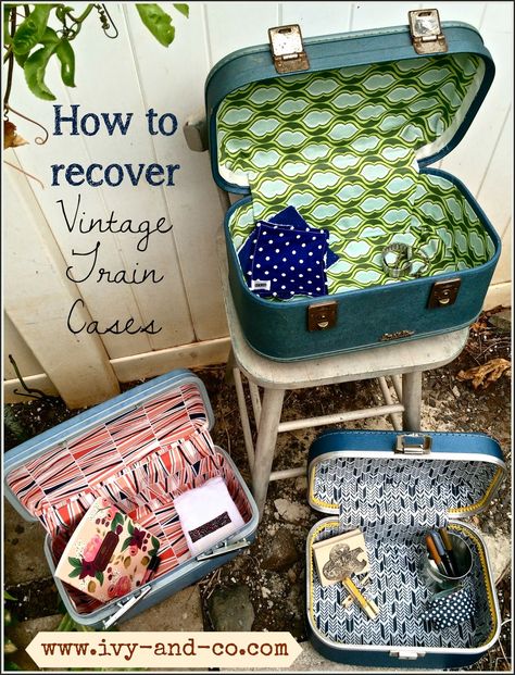 Small Suitcase Decor Ideas, Vintage Cosmetic Case, Vintage Suitcases Repurpose, Travel Sewing Case, Decoupage Suitcase, Vintage Suitcase Decor, Suitcase Ideas, Suitcase Decor, Old Luggage