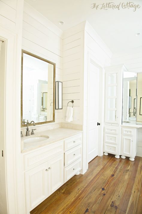 Traditional Bathroom | White Cabinetry | Wood Wall | The Lettered Cottage Master Suite Remodel, White Wood Kitchens, Wood Floor Bathroom, Wood Wall Bathroom, White Wood Floors, White Wood Wall, Small Remodel, Dark Wood Floors, Room White