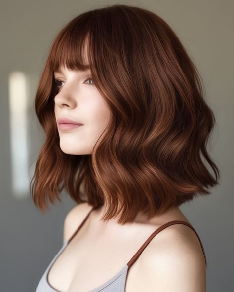 Deep Auburn Chocolate Medium-length with Fringe Blonde Balayage Honey, Deep Auburn, Brown Bob Hair, Hairstyles For Seniors, Brown Hair Color Shades, Auburn Balayage, Balayage Hairstyles, Sophisticated Hairstyles, Cute Hair Colors