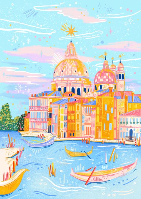 This design is create by byminnieang. Connect them on Rtist #travel #illustration Colorful Landscape Illustration, Pastel Planets, Europe Illustration, Greek Poster, Travel Illustration Art, Town Illustration, Natural Form Art, ポップアート ポスター, Illustration Travel