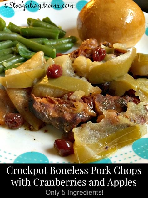 Crockpot Boneless Pork Chops with Cranberries and Apples-Apple cider instead of balsamic dressing I think. Cranberries Crockpot, Crockpot Boneless Pork Chops, Boneless Pork Chops Crock Pot, Slow Cooker Dinner Healthy, Easy Crockpot Recipes Healthy, Boneless Pork Chop Recipes, Slow Cooker Meal, Pork Chop Recipes Baked, Apple Pork Chops