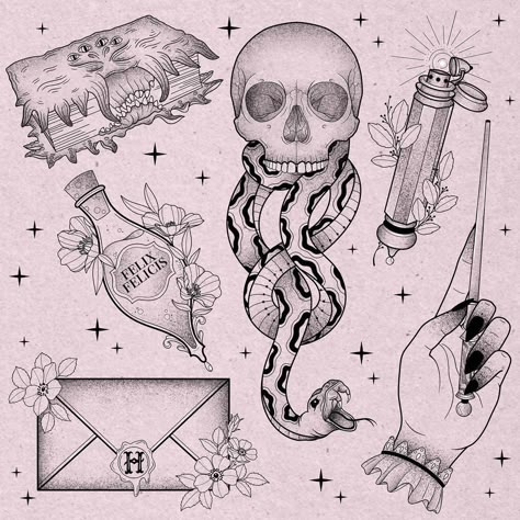 Harry Potter Tattoos Dark Arts, Harry Potter Wands Drawing, Harry Potter Letter Tattoo, Harry Potter Horcruxes Tattoo, Harry Potter Flash Sheet, Harry Potter Sleeve Tattoo Ideas, Bowtruckle Tattoo, The Grim Harry Potter, Harry Potter Flash Tattoo