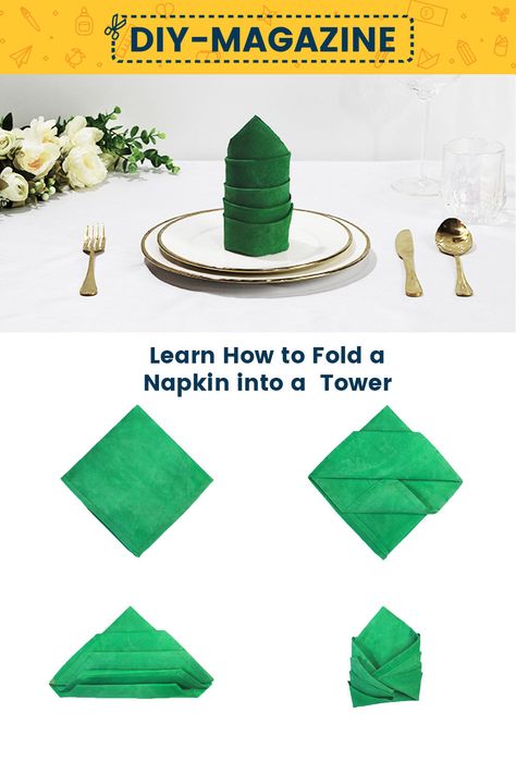 How to fold a napkin into a Tower Table Napkin Folding Step By Step, Table Setting Guide, Fold A Napkin, Fancy Napkin Folding, Easy Napkin Folding, Napkin Folding Ideas, Class Board, Paper Napkin Folding, Folding Ideas