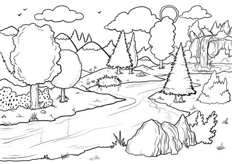 Waterfall Coloring Pages - Best Coloring Pages For Kids Forest Coloring Pages, Forest Coloring Book, Coloring Pages Nature, Forest Coloring, Forest Color, Pokemon Coloring, Amazing Drawings, Landscape Drawings, Art Drawings For Kids