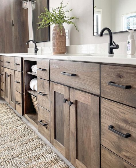 Bathroom With Brown Vanity, Brown Vanity, Wood Bathroom Cabinets, New House Bathroom, Dark Wood Cabinets, Master Bath Remodel, Bathroom Remodel Designs, Bathroom Inspiration Decor, Bathroom Renos