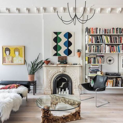 Remodelista auf Instagram: „Rather than live with the architectural flaws of their developer-renovated duplex, one Brooklyn couple decided a redo of the redo was a…“ Vintage Modern Living Room, Parlor Floor, Brooklyn Brownstone, Engineered Wood Floors, Fireplace Decor, Look Vintage, Photo 1, Modern Living Room, Modern Vintage