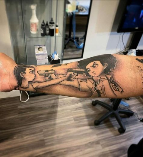 Boondocks Tattoo Stencil, Boondocks Tattoo Designs, Boondock Saints Tattoo, Riley Tattoo, Boondocks Tattoo, Forearm Tattoo Men Sleeve, Tattoo Men Sleeve, Tattoos Face, Saint Tattoo