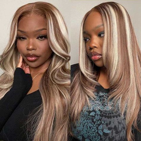 Ready to Wear Wigs | Perfect for Instant Makeovers | Ishow - IshowHair Blonde Streaks In Brown Hair Black Women, Heavy Blonde Highlights On Brown Hair, Blonde Streak, Brown With Blonde, Highlight Wig, Brown With Blonde Highlights, Ombre Blond, Beige Hair, Blonde Streaks