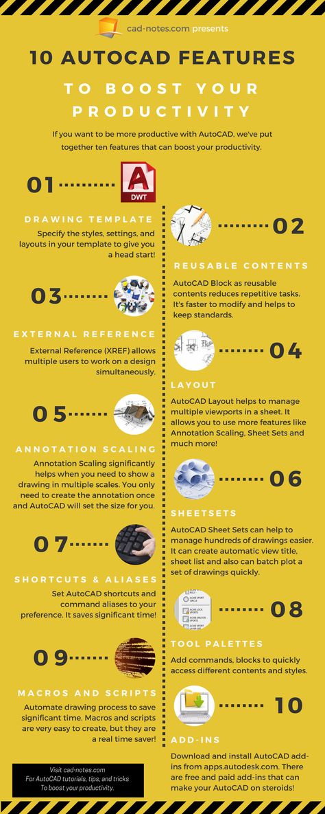 Infographics: 10 AutoCAD Features to Boost Your Productivity Autocad Tips And Tricks, Autocad Tricks, Autocad Course, Autocad Tips, Autocad Inventor, Learn Autocad, Architecture Design Presentation, Autocad Tutorial, Architecture Drawing Presentation