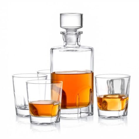 Whiskey decanter with 4 whiskey glasses. Dishwasher safe. 1 year limited manufacturer warranty. JoyJolt 22-fl oz Glass Glass Drinkware Set of: 5 in Clear | JC102109 Liquor Decanter Set, Whisky Decanter, Whiskey Set, Bourbon Drinks, Whiskey Decanter Set, Drinkware Sets, Liquor Decanter, Whiskey Decanter, Decanter Set