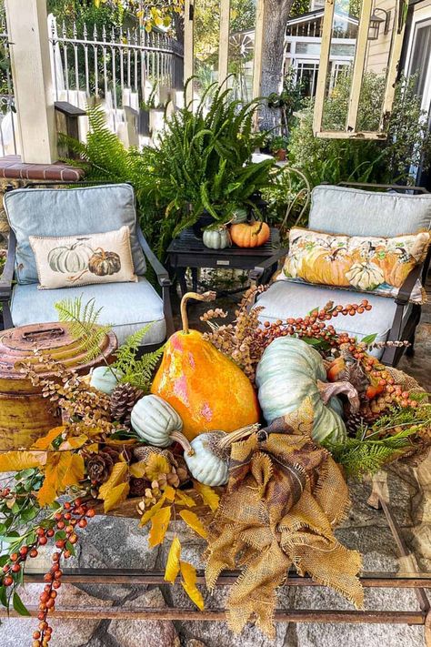 Simple Outdoor Seating, Porch Fall Decorating Ideas, Simple Front Porch, Fall Patio Decor, Front Porch Decorating Ideas, Potted Mums, Make Your Own Wreath, Dollar Tree Pumpkins, Porch Decorating Ideas