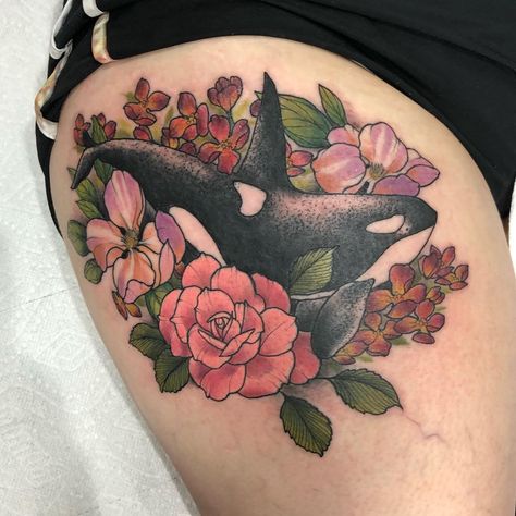 Orca Tattoo Thigh, Moon And Flower Tattoo, Orca Swimming, Orca Tattoo, Rock Tattoo, Tattoo Thigh, Roses Tattoo, Wing Tattoo, Like A Rock