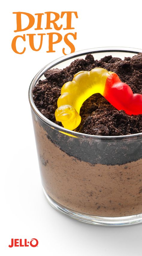 No childhood is complete without taking a spoon to dirt, mud and worms! Bring the mess inside with JELL-O Instant Pudding, cookies, and gummy worms. Make Dirt Cups, a snack time classic as old as dirt! Cups Of Dirt Dessert, Summer Dirt Cups, Earth Day Dirt Cups For Kids, How To Make Dirt Cake Cups, Worm And Dirt Cups, Mud Pie Cups Dirt Cake, Dirt And Worms Dessert Easy, Easy Dirt Pudding Cups, Dirt Cups Dessert Construction