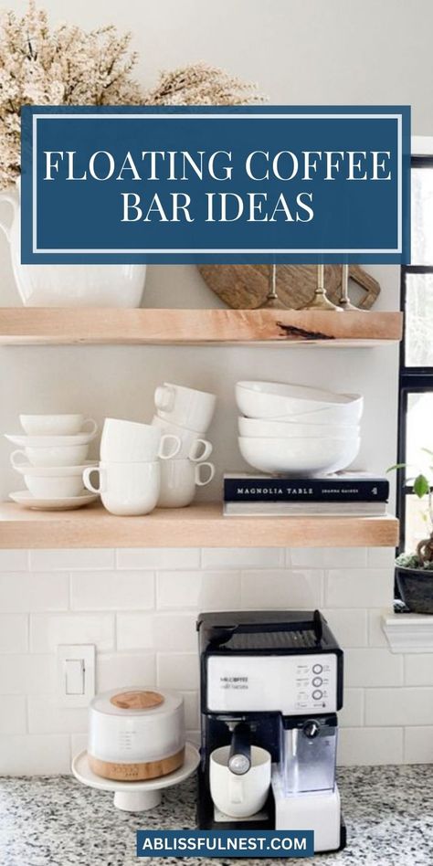 Elevate your morning routine with floating coffee bar ideas that are both functional and aesthetically pleasing. These minimalist shelves blend seamlessly into any kitchen design, adding a touch of sophistication while keeping your coffee essentials organized and accessible. Display your favorite mugs and brewing tools front and center, making your morning coffee ritual even more enjoyable. #minimalistdesign #coffeestation #homebarista Open Shelf Coffee Station, Floating Shelves Over Coffee Bar, Coffee Shelf Ideas, Floating Coffee Bar, Coffee Bar Shelf Decor, Coffee Bar Shelves, Bar Shelves Ideas, Coffee Essentials, Coffee Area