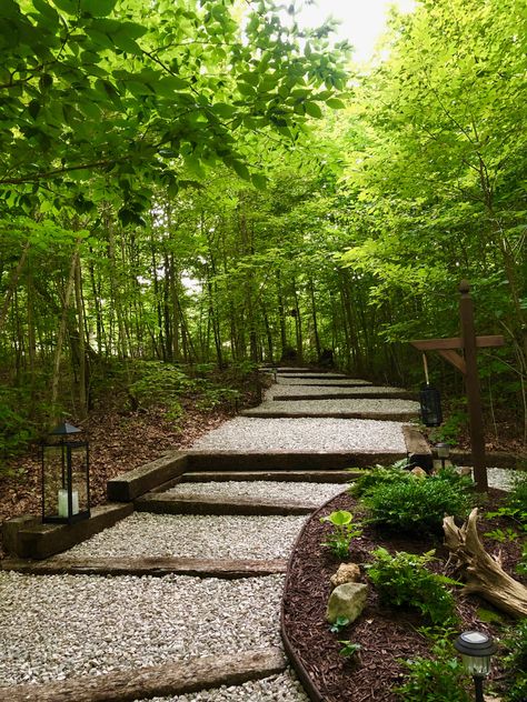 Forest Steps Pathways, Trail Landscape Design, Forest Landscaping, Wooded Backyard Landscape, Wood Pathway, Cottage Stairs, Antipolo, Outdoor Path, Japan Garden