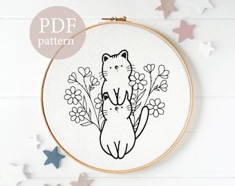 Cat Embroidery Pattern, Cute Cat Embroidery, Silhouette Embroidery, Embroider Ideas, Modern Hand Embroidery, Floral Hand Embroidery, Pdf Embroidery Pattern, Cat Template, Cat Embroidery Design