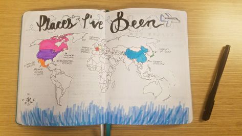 Travel bujo Places I've been bullet journal page with map Bullet Journal Page, Travel Bujo, Journal Page, Bullet Journaling, Journal Pages, Happy Planner, Places Ive Been, Bullet Journal, Notebook