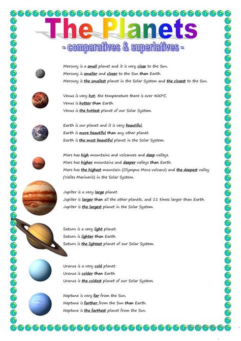 The Planets - comparative & superlative - English ESL Worksheets for distance learning and physical classrooms Solar System Information, Comparative Superlative, Solar System Facts, Planets Activities, Solar System Projects For Kids, Solar System Worksheets, Solar System For Kids, Solar System Projects, Planet For Kids