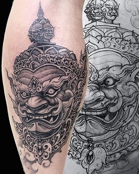 Cambodian Tattoo, Geometric Tattoo Hand, Tattoo House, Foo Dog Tattoo Design, Khmer Tattoo, Tattoo Style Art, Engraving Tattoo, Buddha Tattoo Design, Samurai Tattoo Design