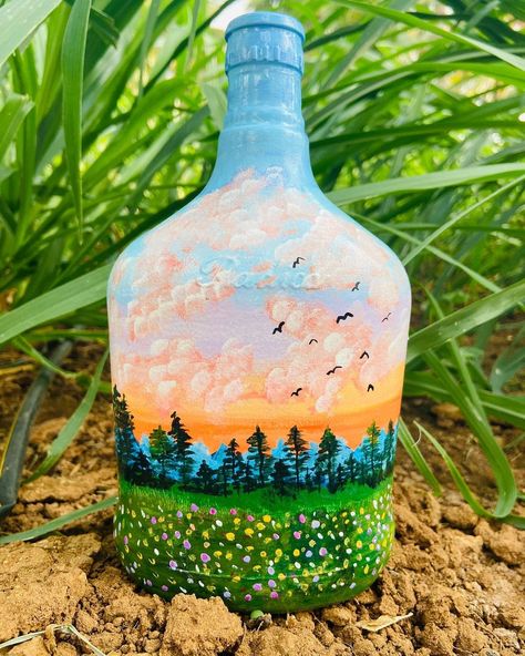 The Artist Nerd on Instagram: “Scenery Series 4: Meadow and everything 😍 #hobbyist #homemadestuff #theartistnerd #bottleart #bottleartwork #bottleartist #bottlepainting🎨…” Bottle Paintings, Bottle Art Projects, Painted Glass Bottles, Grass Painting, Hand Painted Wine Bottles, Painted Wine Bottles, Bottle Painting, Flower Art Painting, Bottle Art