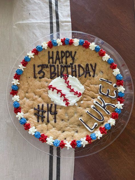 Baseball Birthday Cookie Cake, Baseball Cookie Cake, Kickball Party, Birthday Cookie Cake, Big Cookies, Letter Cakes, Baseball Cookies, Baseball Theme Birthday, Baseball Cake