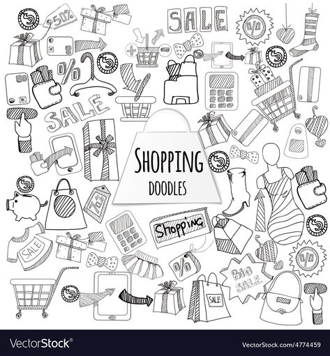 Shopping Doodle Set Royalty Free Vector Image - VectorStock Shopping Doodle, Drawing Furniture, Free Doodles, Doodle Vector, Hand Drawn Icons, Sketch Notes, Bullet Journal Inspo, Journal Doodles, Cool Art Drawings