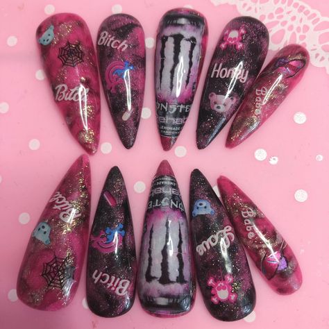 @zoeburrell99 finished monster energy nail set!... - Depop Monster Energy Nails, Monster Nails, Scene Punk, Pretty Jewelry Necklaces, Monster Energy, Pretty Jewellery, Makeup Routine, Press On Nails, Nail Inspo