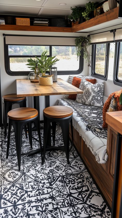 35 Stunning RV Living Room Ideas to Transform Your Space - Remodr Rv Table And Chairs, Rv Redecorating Ideas, Class C Rv Decorating Ideas, Inside Camper Decor, Rv Set Up Outside, Fifth Wheel Decorating Ideas, Rv Flooring Ideas, Rv Living Room Ideas, Rv Kitchen Ideas