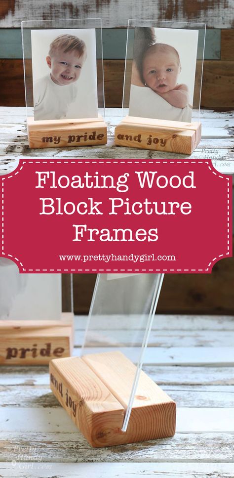 floating wood block picture frames, DIY picture frames, rustic picture frame, DIY gift idea #handmadegift #giftidea Wood Block Picture Frame, Picture Blocks Diy, Personalized Picture Frames Diy, Cricut Picture Frames, Homemade Picture Frames, Picture Frames Diy, Picture Frame Diy, Frame Inspiration, Frames Diy