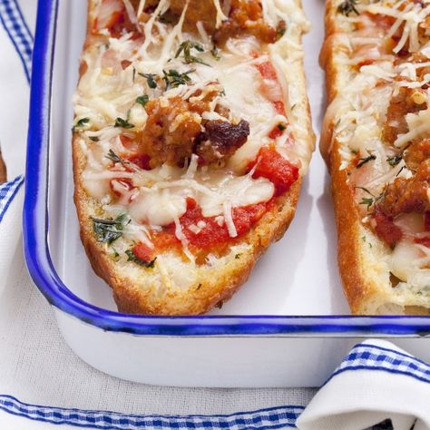 Here's a quicky and goodie -- French Bread Pizza Sandwiches With Hot Italian Sausage.  Open-face of course, and you can mix it up with different toppings. Semolina Pizza Dough, Pizza Sausage, Sausage Sandwich, French Bread Pizza, Pizza Sandwich, Sandwich Ingredients, Hot Italian Sausage, Bread Pizza, Italian Pizza